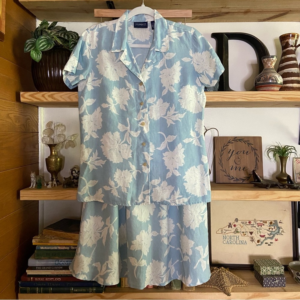Vintage 90s Liz Claiborne linen blue and white button front skirt set